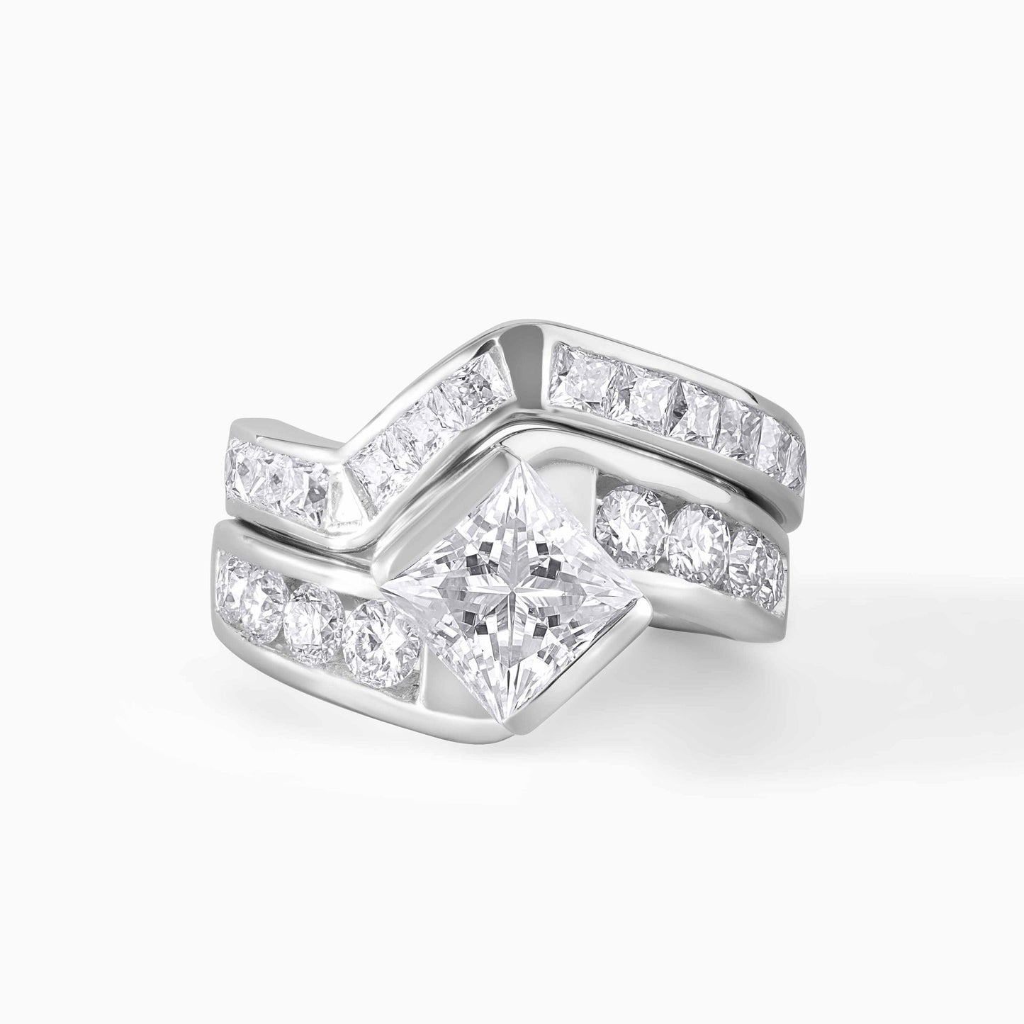Princess Cut Engagement Ring Set, Geometric Wedding Band Set, Stackable Contour Rings, Modern Bridal Set, Unique Diamond Ring