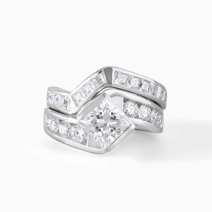 Princess Cut Engagement Ring Set, Geometric Wedding Band Set, Stackable Contour Rings, Modern Bridal Set, Unique Diamond Ring