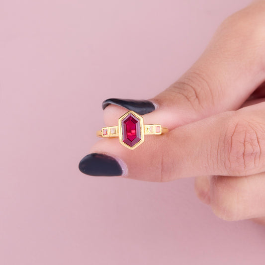 Hexagon Ruby Geometric 14K Solid Gold Ring, Art Deco Engagement Minimalist Ruby Ring, Dainty Stackable Ring, Gift for Her