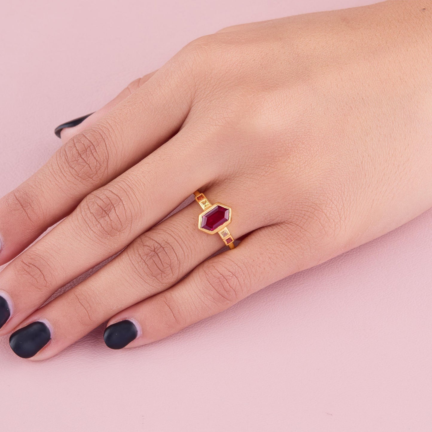 Hexagon Ruby Geometric 14K Solid Gold Ring, Art Deco Engagement Minimalist Ruby Ring, Dainty Stackable Ring, Gift for Her