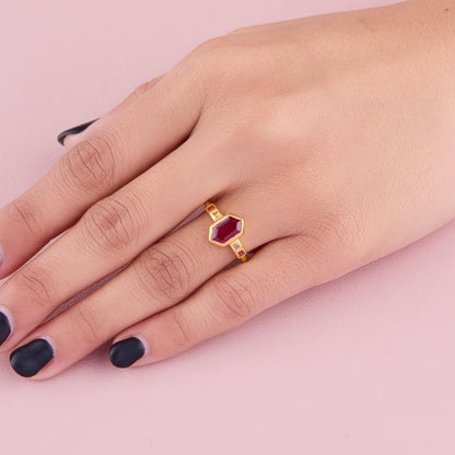 Hexagon Ruby Geometric 14K Solid Gold Ring, Art Deco Engagement Minimalist Ruby Ring, Dainty Stackable Ring, Gift for Her