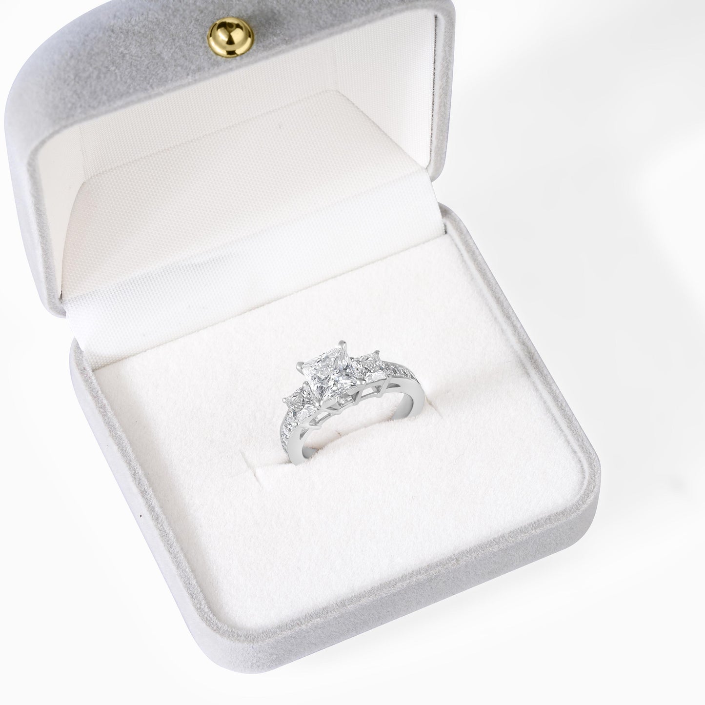 Three Stone Princess Cut Moissanite Engagement Ring, Sterling Silver Bridal Jewelry