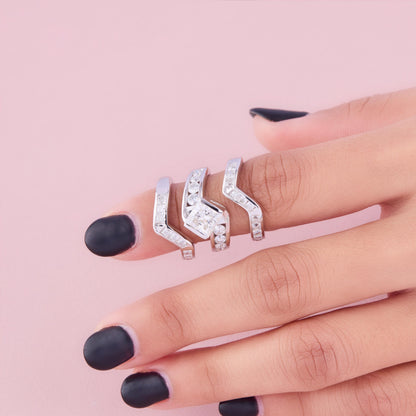 Princess Cut Engagement Ring Set, Geometric Wedding Band Set, Stackable Contour Rings, Modern Bridal Set, Unique Diamond Ring