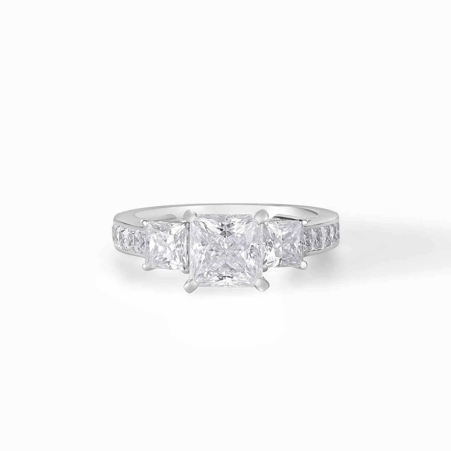 Three Stone Princess Cut Moissanite Engagement Ring, Sterling Silver Bridal Jewelry