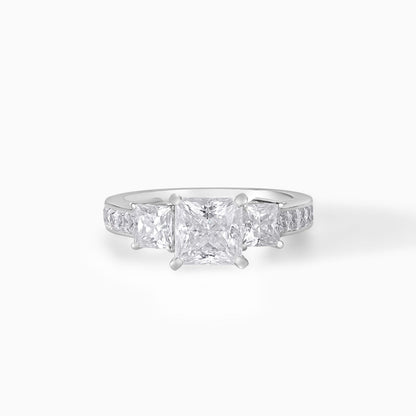 Three Stone Princess Cut Moissanite Engagement Ring, Sterling Silver Bridal Jewelry