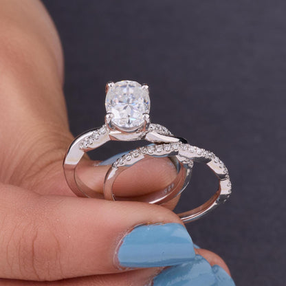 2CT Oval Moissanite Twisted Silver Ring Set