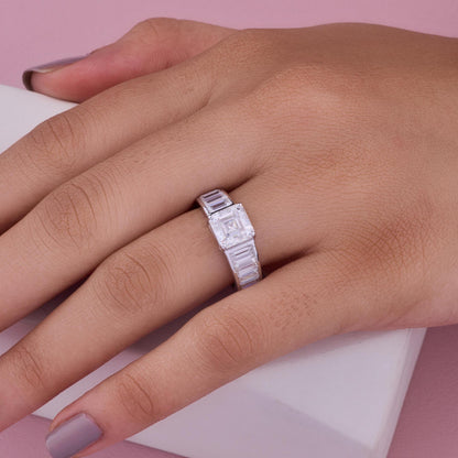 Moissanite Engagement Ring Sterling Silver Asscher Cut Stone Baguette Accent Band