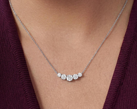Sterling Silver Curved Bar Moissanite Necklace – Graduated Diamond Alternative Bridal Pendant