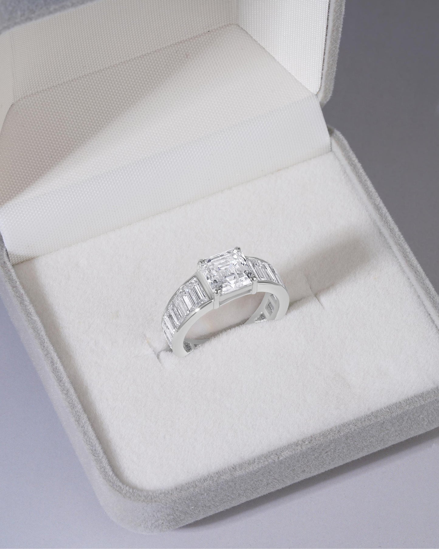 Moissanite Engagement Ring Sterling Silver Asscher Cut Stone Baguette Accent Band