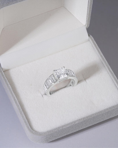 Moissanite Engagement Ring Sterling Silver Asscher Cut Stone Baguette Accent Band