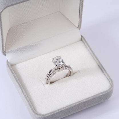 2CT Oval Moissanite Twisted Silver Ring Set