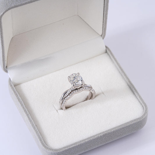 2CT Oval Moissanite Twisted Silver Ring Set