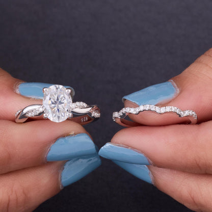 2CT Oval Moissanite Twisted Silver Ring Set