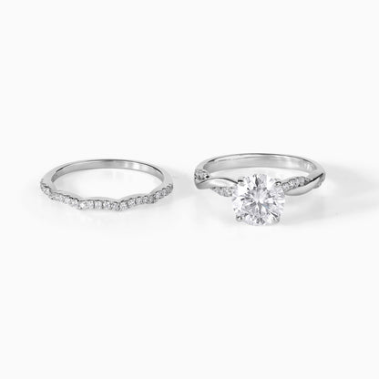 Moissanite engagement bridal wedding band pave design twisted vine style ring set | round brilliant cut 2 CT moissanite silver wedding ring