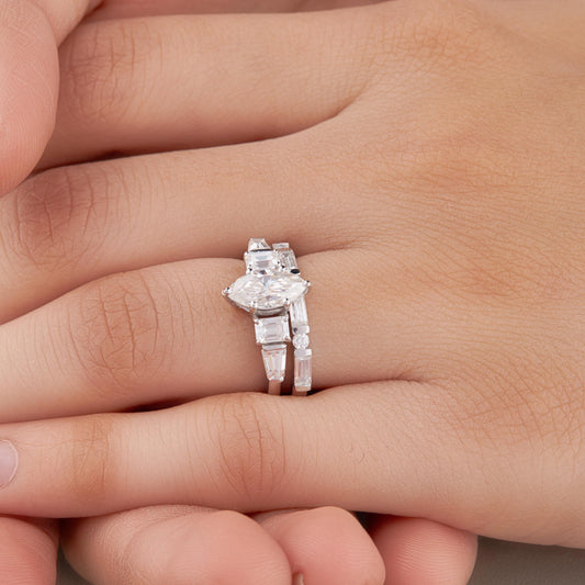 Marquise Moissanite Engagement Ring Set, Sterling Silver Bridal Band, Diamond Alternative Baguette Accents