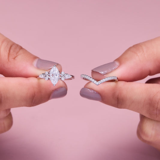 Marquise Moissanite Engagement Ring Set, V Shape Chevron Wedding Band, Dainty Leaf Bridal Ring, Unique Minimalist Promise Ring