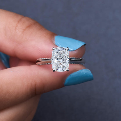 Lab Diamond Engagement Ring Women White Gold Cushion Cut Solitaire Ring Split Shank Prong Setting Bridal Jewelry Wedding Band Proposal Gift