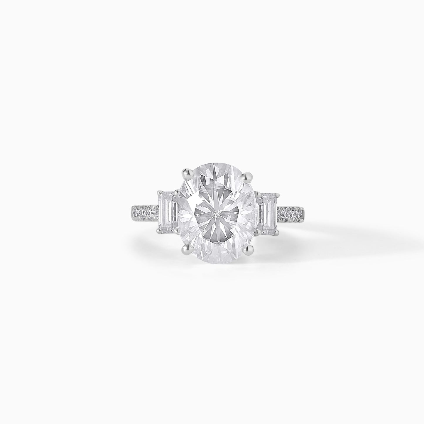 Oval Cut Moissanite Engagement Ring, Three Stone Tapered Baguette, Sterling Silver Bridal Ring