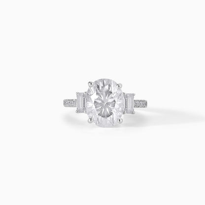 Oval Cut Moissanite Engagement Ring, Three Stone Tapered Baguette, Sterling Silver Bridal Ring