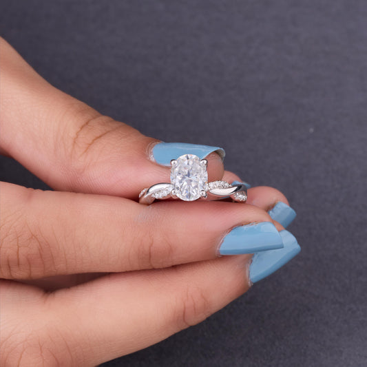 Oval Cut Moissanite Engagement Ring, Twisted Band, Pave Accents, Sterling Silver Bridal Ring