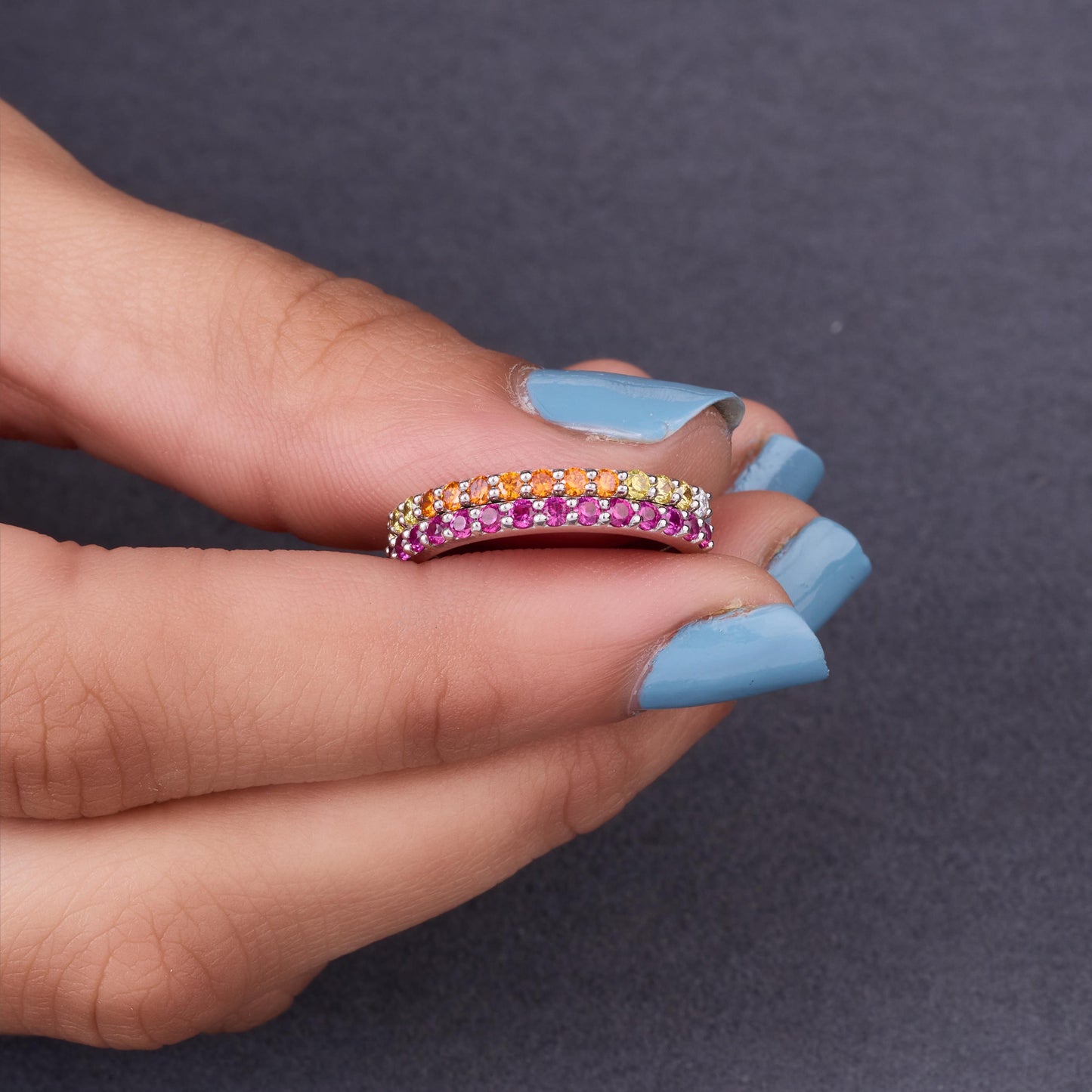 Rainbow Gemstone Stacking Ring Set, Pink Orange Yellow Eternity Bands, Minimalist Dainty Jewelry