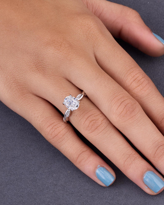 Oval Cut Moissanite Engagement Ring, Twisted Band, Pave Accents, Sterling Silver Bridal Ring