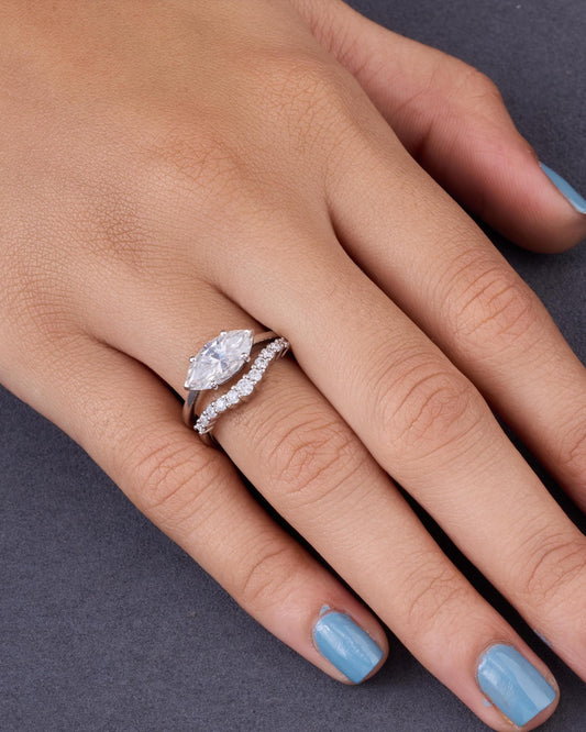 Moissanite Engagement Ring Marquise Bridal Set Sterling Silver Band Curved Wedding Jewelry Woman Anniversary Gift Bride Promise Stackable