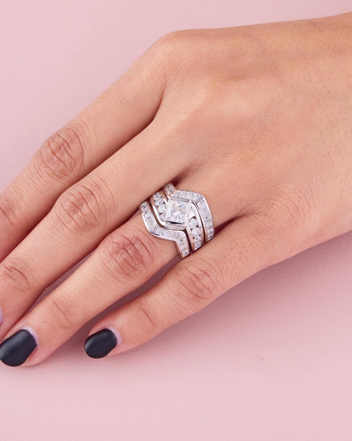 Princess Cut Engagement Ring Set, Geometric Wedding Band Set, Stackable Contour Rings, Modern Bridal Set, Unique Diamond Ring