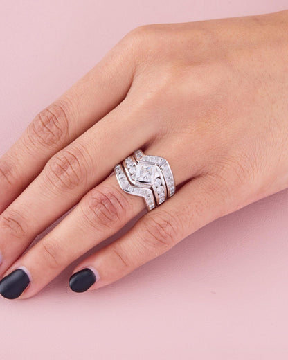 Princess Cut Engagement Ring Set, Geometric Wedding Band Set, Stackable Contour Rings, Modern Bridal Set, Unique Diamond Ring
