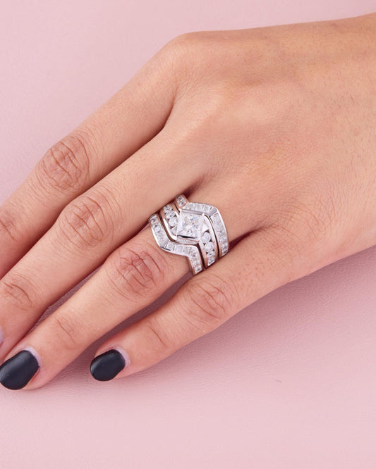 Princess Cut Engagement Ring Set, Geometric Wedding Band Set, Stackable Contour Rings, Modern Bridal Set, Unique Diamond Ring