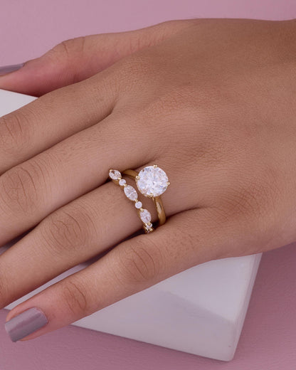 Round Cut Moissanite Engagement Ring Set | Yellow Gold Bridal Set | Dainty Wedding Band | Minimalist Stackable Ring | Promise Ring for Her