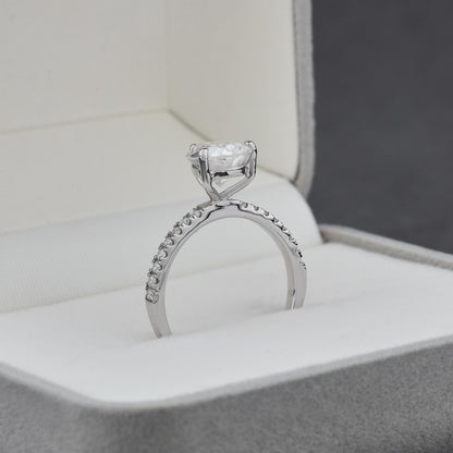 Pear Cut Engagement Ring, Moissanite Solitaire Ring, Pave Band Ring, Dainty Bridal Ring, Minimalist Promise Ring, Gift for Her