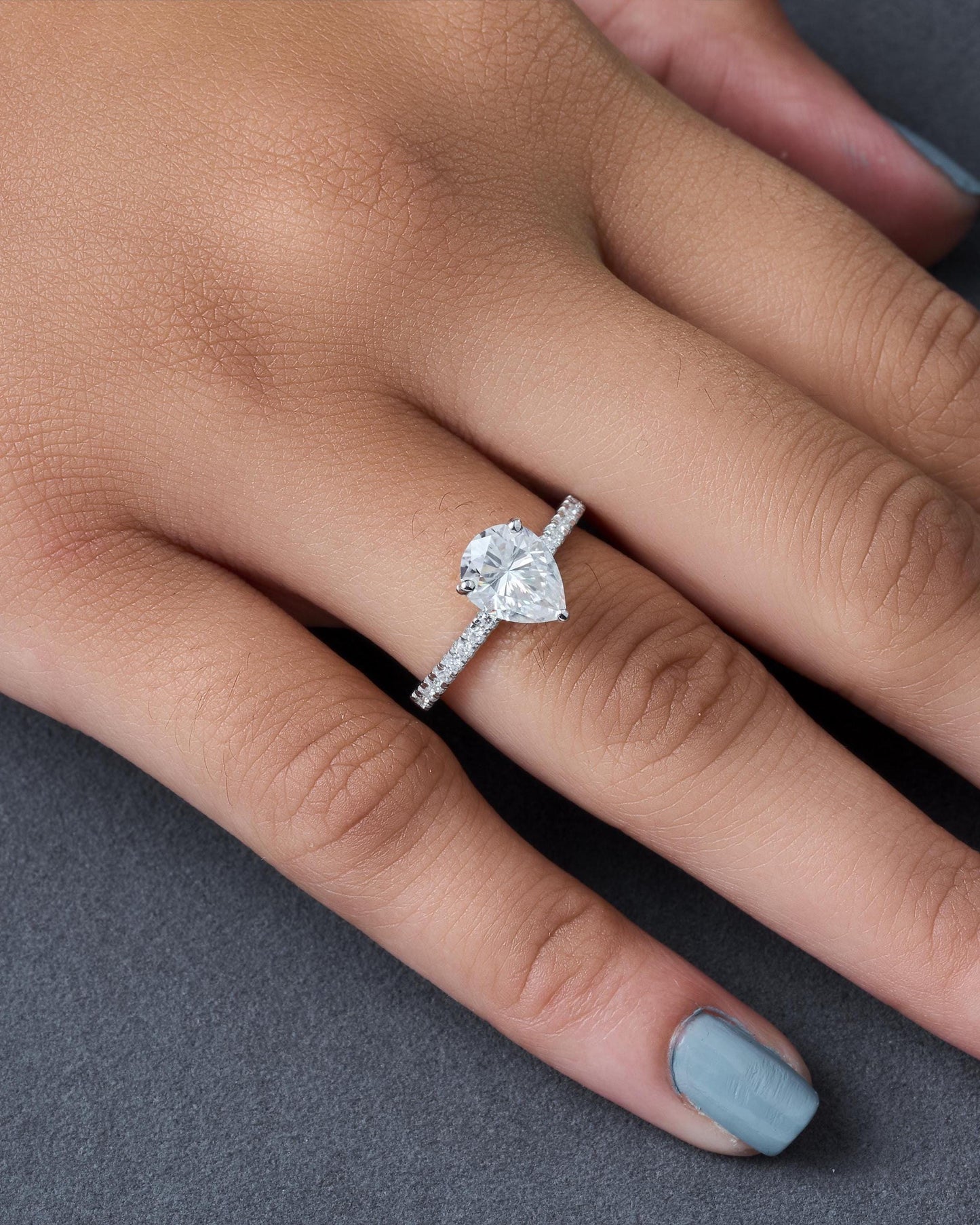 Pear Cut Engagement Ring, Moissanite Solitaire Ring, Pave Band Ring, Dainty Bridal Ring, Minimalist Promise Ring, Gift for Her