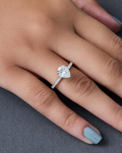 Pear Cut Engagement Ring, Moissanite Solitaire Ring, Pave Band Ring, Dainty Bridal Ring, Minimalist Promise Ring, Gift for Her