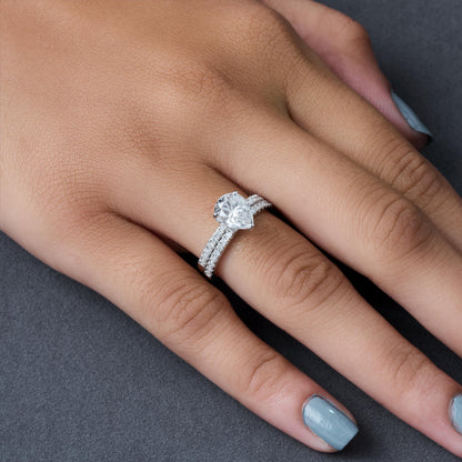 1.25 Carat Pear Moissanite Engagement Ring Set, Hidden Halo Pave Bridal Set, Silver Wedding Ring, Dainty Stacking Promise Ring for Her