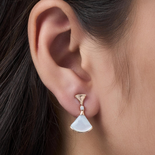 Fan Shaped Drop Earrings, White Shell Earrings, Rose Gold Dangle Earrings, Minimalist Statement Earrings, Elegant Jewelry for Her