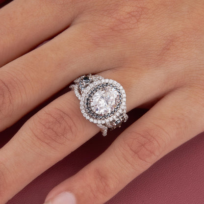 Oval Cut Moissanite Halo Engagement Ring Set in Yellow Gold