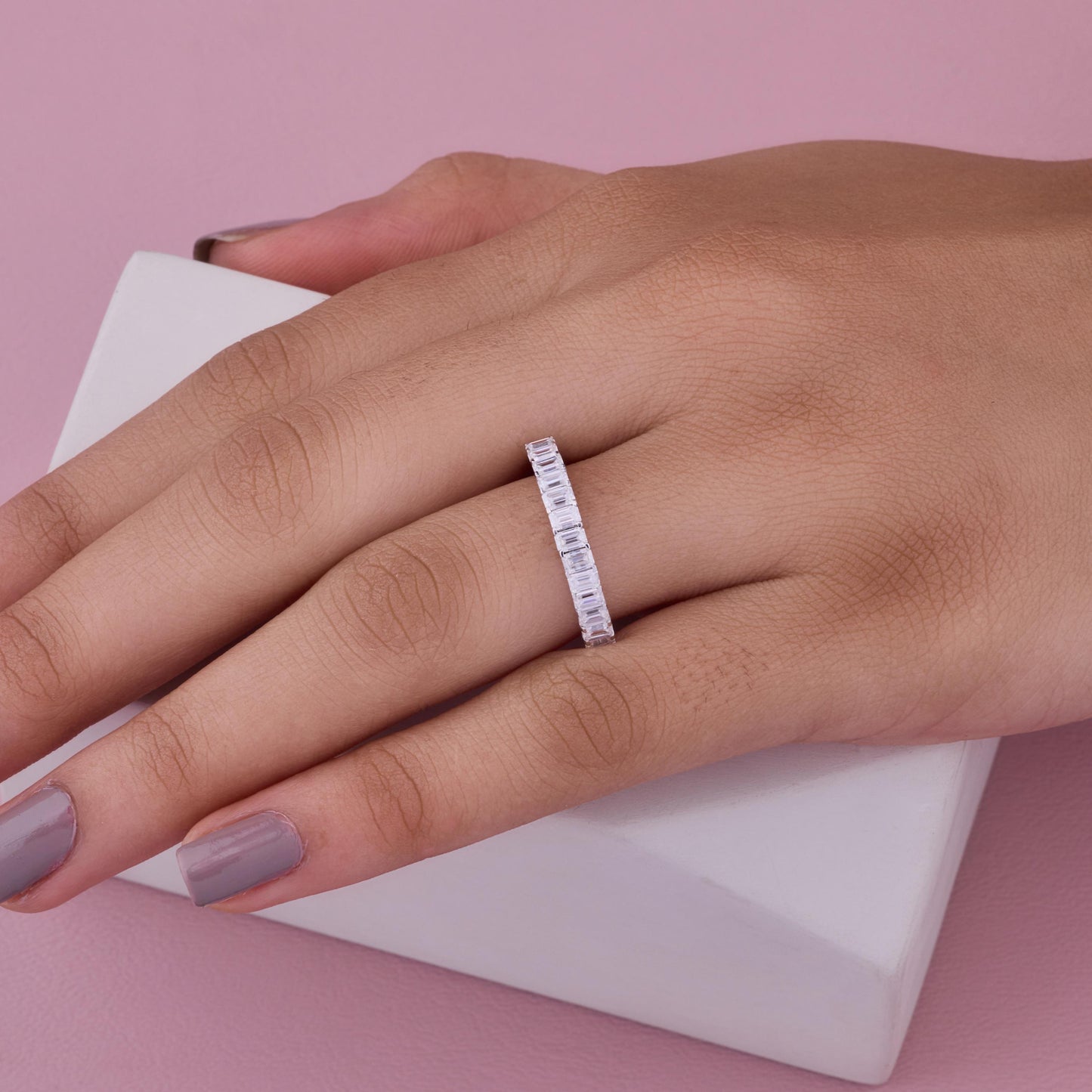 Baguette Eternity Ring, Minimalist Moissanite Band, Stackable Wedding Ring, Dainty Silver Crystal Ring, Promise Ring Gift for Her