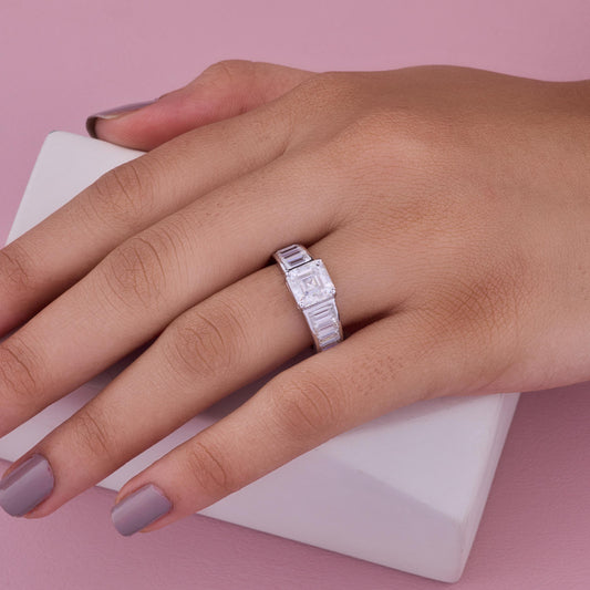Moissanite Engagement Ring, Baguette Band Ring, 925 Sterling Silver Promise Ring, Square Cut Statement Ring, Bridal Jewelry Gift for Her