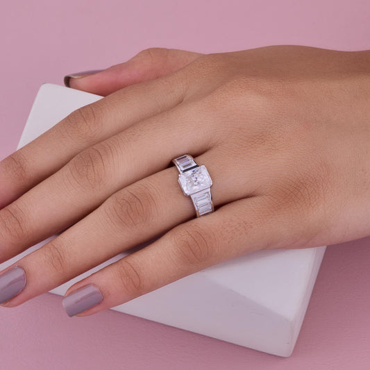 Moissanite Engagement Ring, Radiant Cut Ring, Baguette Band Ring, 925 Sterling Silver Promise Ring, Rectangular Cut Bridal Ring for Her