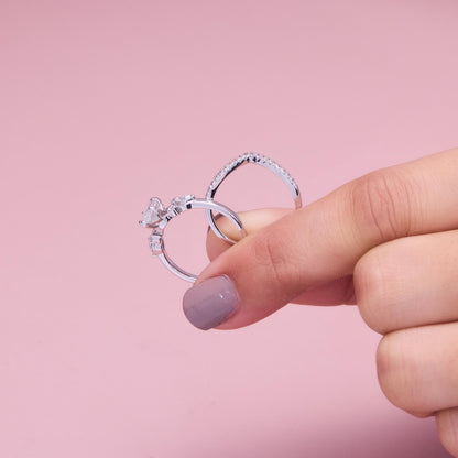 Marquise Moissanite Engagement Ring Set, V Shape Chevron Wedding Band, Dainty Leaf Bridal Ring, Unique Minimalist Promise Ring