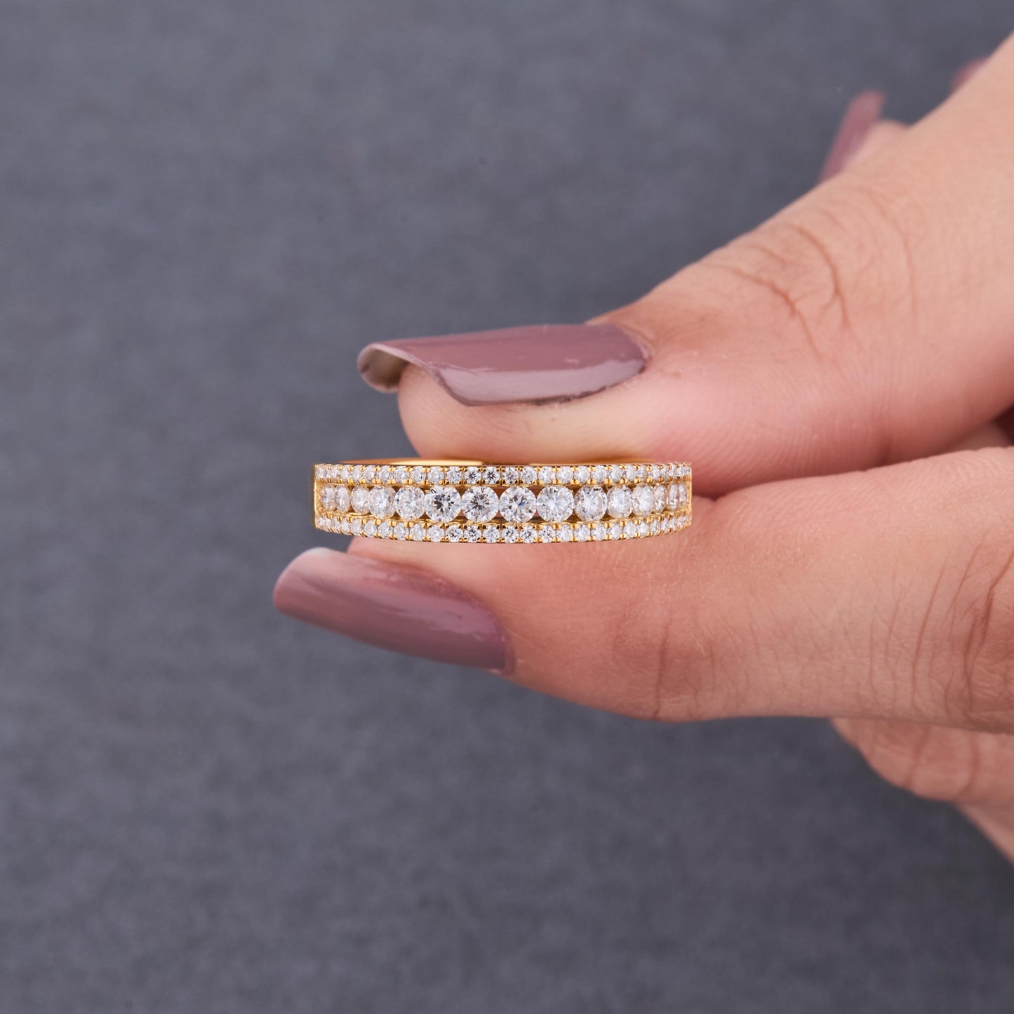 14K Yellow Gold Moissanite Eternity Band – Three Row Anniversary Ring