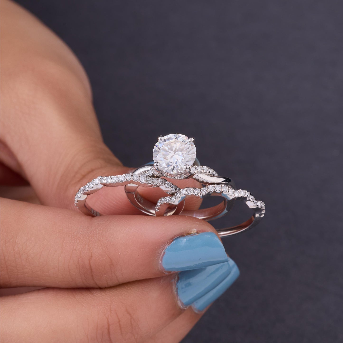 Round Moissanite Engagement Ring, Sterling Silver Round Cut Bridal Band Lab Created
