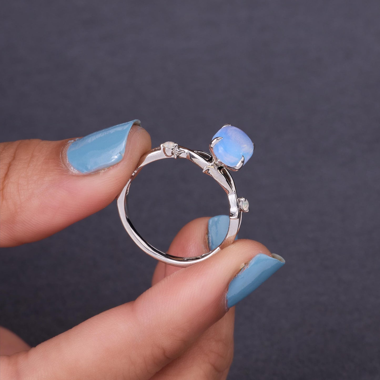 Dainty Moonstone Twig Ring, 925 Sterling Silver Nature Band
