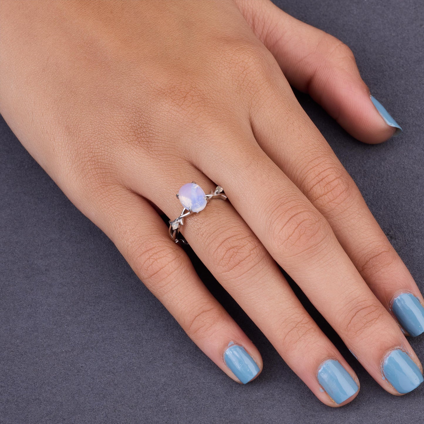 Dainty Moonstone Twig Ring, 925 Sterling Silver Nature Band