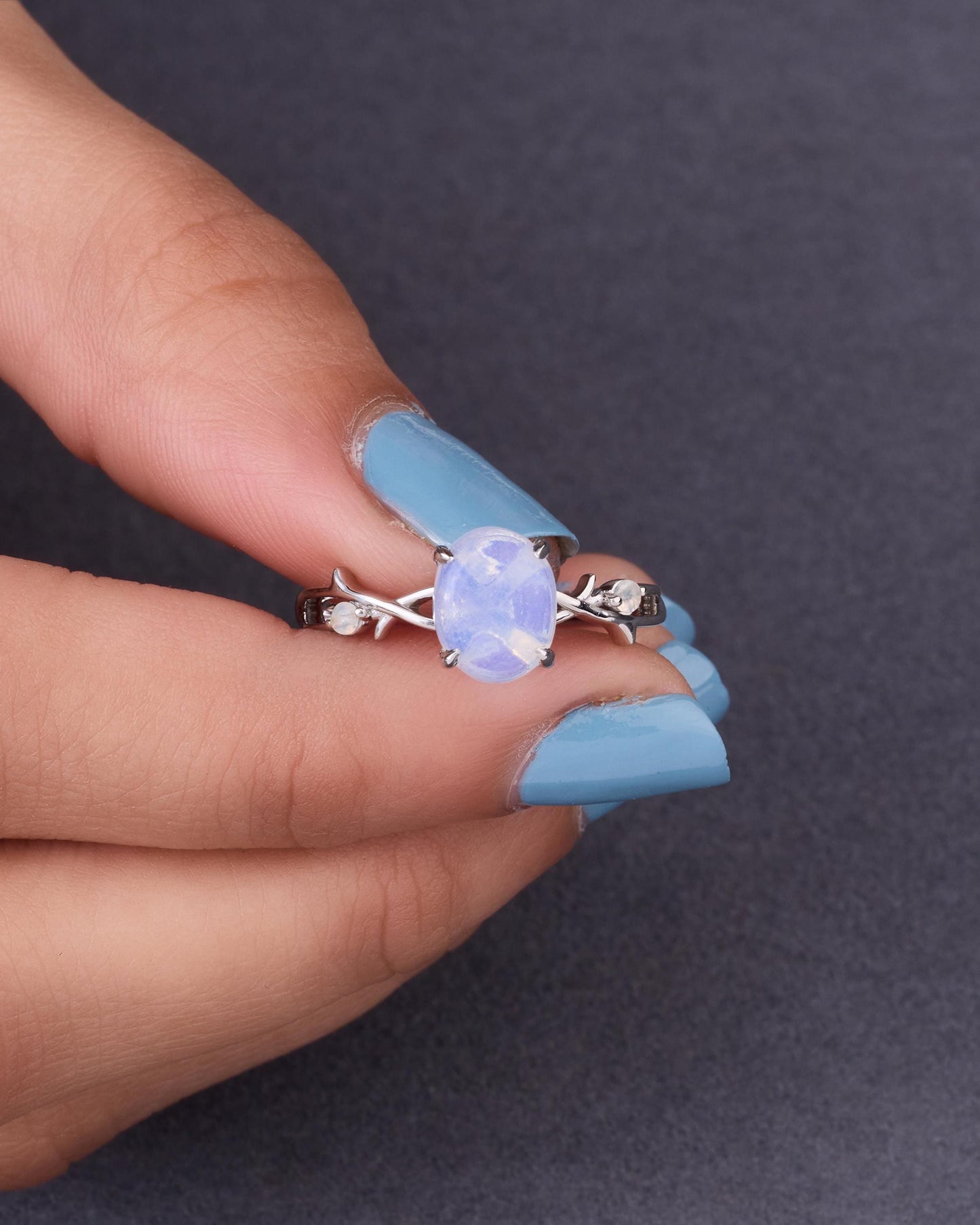 Dainty Moonstone Twig Ring, 925 Sterling Silver Nature Band