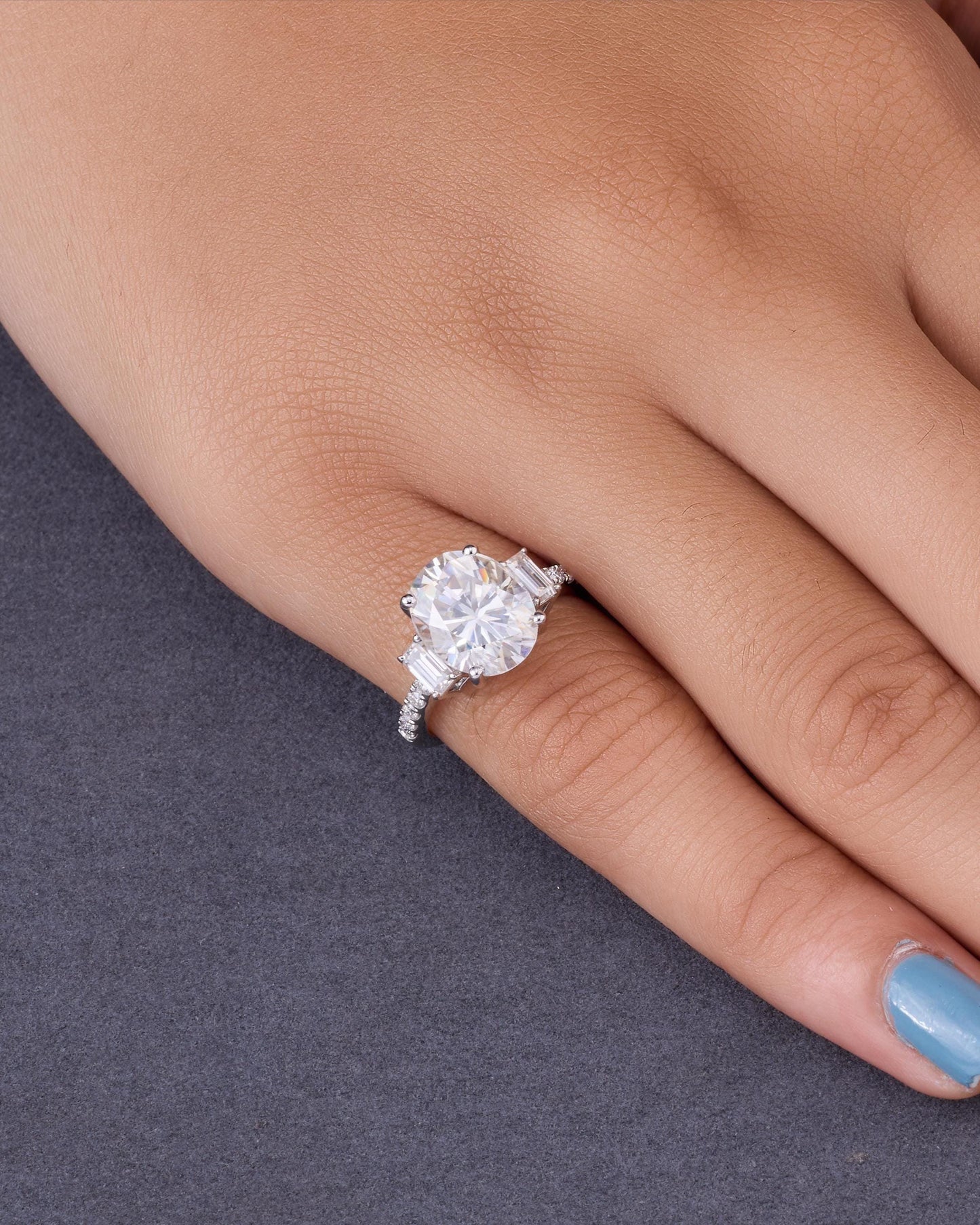Oval Cut Moissanite Engagement Ring, Three Stone Tapered Baguette, Sterling Silver Bridal Ring