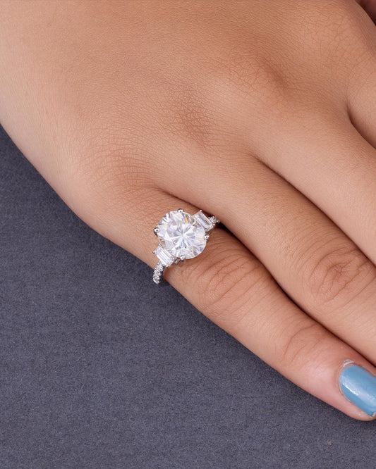 Oval Cut Moissanite Engagement Ring, Three Stone Tapered Baguette, Sterling Silver Bridal Ring
