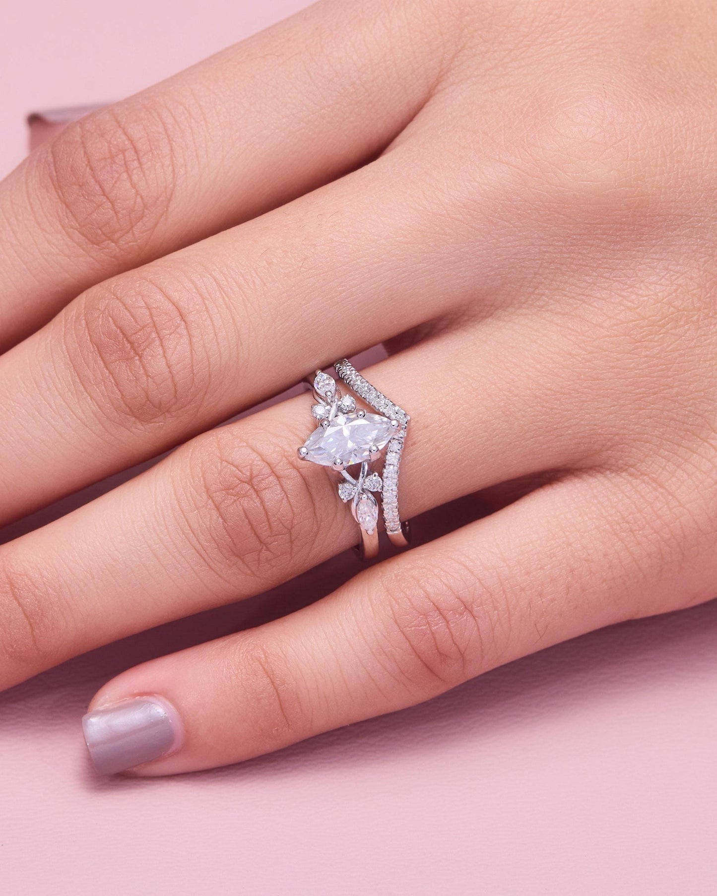 Marquise Moissanite Engagement Ring Set, V Shape Chevron Wedding Band, Dainty Leaf Bridal Ring, Unique Minimalist Promise Ring