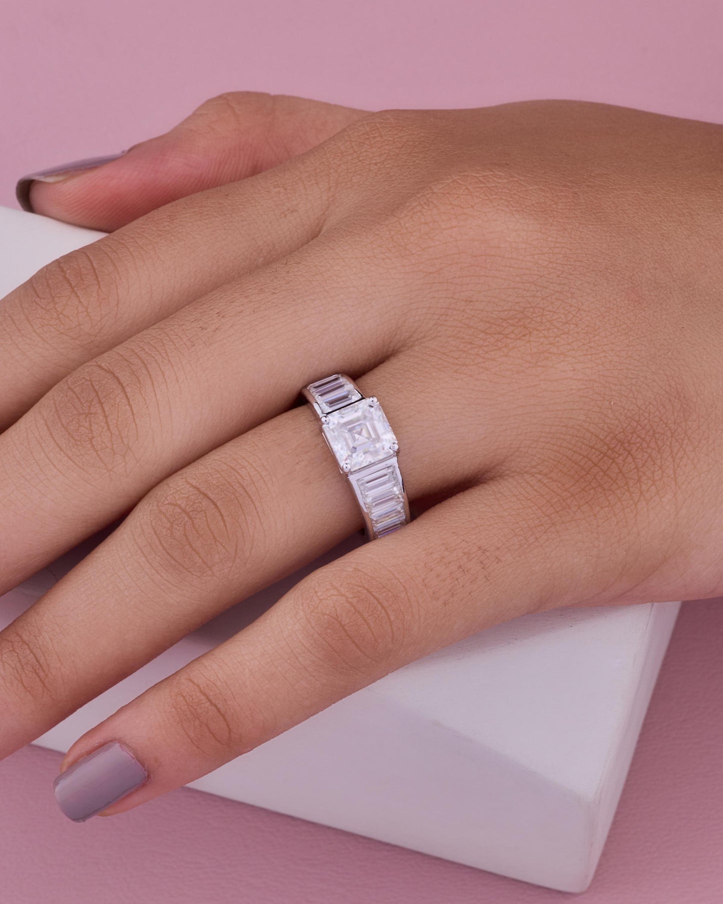 Sterling Silver Asscher Cut Moissanite Engagement Ring with Baguette Accents – Bridal Wedding Band